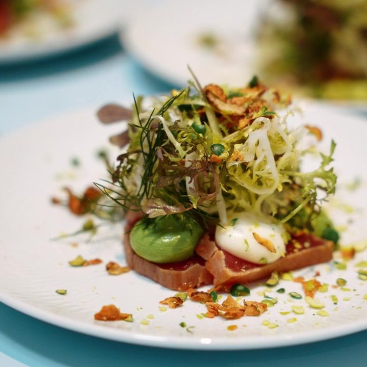 Forret med urter og creme anrettet på hvid tallerken